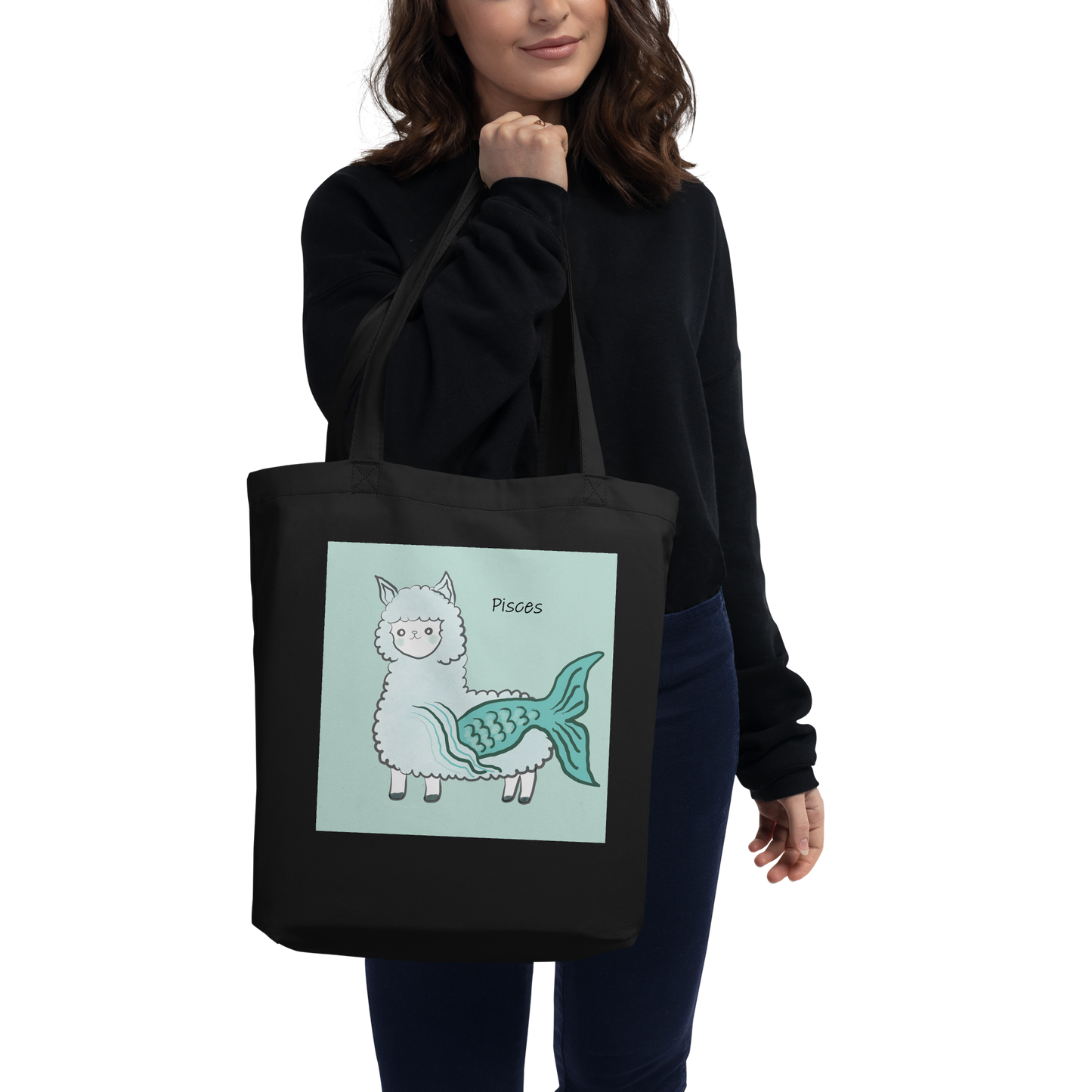 Astrology Tote Bag with Cute Alpaca Zodiac Sign Pisces Organic Cotton Birthday Gift