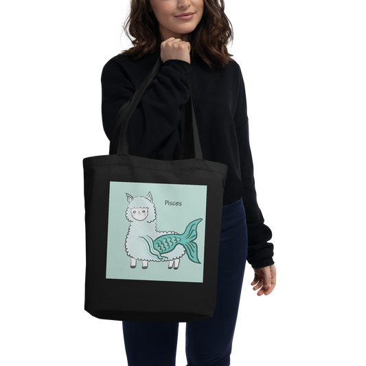 Astrology Tote Bag with Cute Alpaca Zodiac Sign Pisces Organic Cotton Birthday Gift