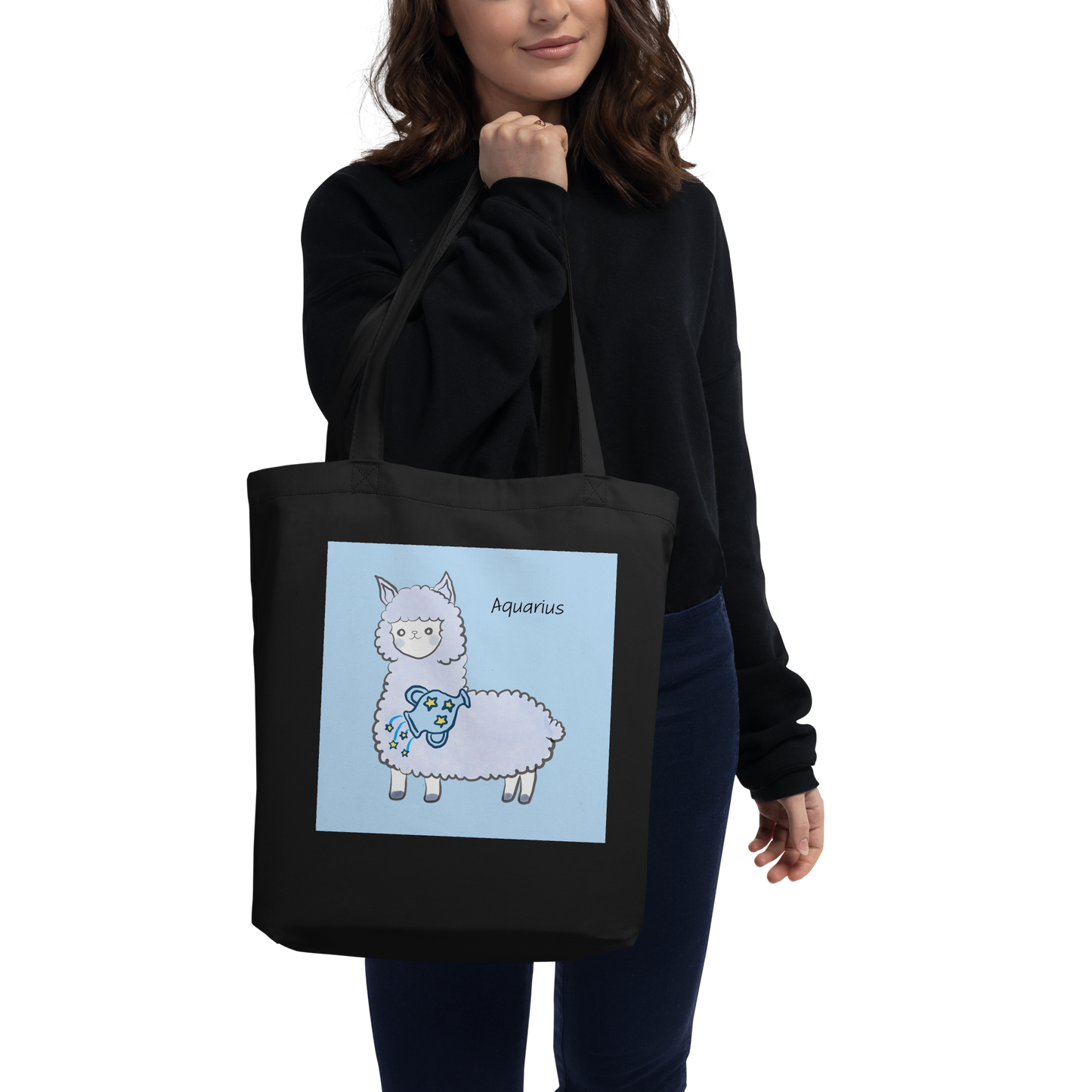 Astrology Tote Bag with Cute Alpaca Zodiac Sign Aquarius Organic Cotton Birthday Gift