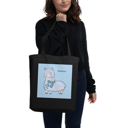 Astrology Tote Bag with Cute Alpaca Zodiac Sign Aquarius Organic Cotton Birthday Gift