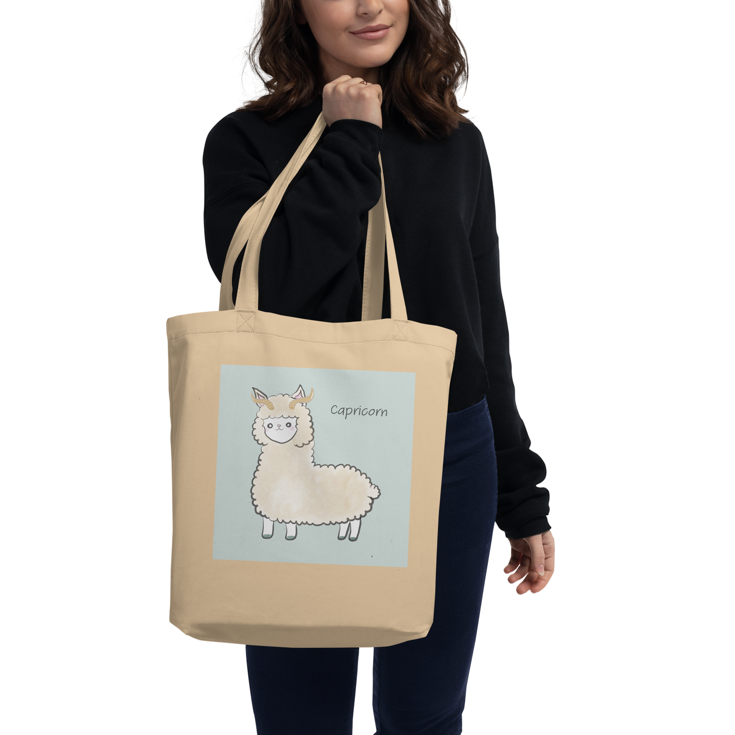 Astrology Tote Bag with Cute Alpaca Zodiac Sign Capricorn Organic Cotton Birthday Gift