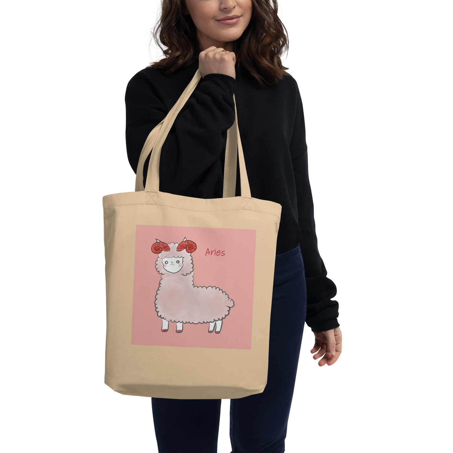 Astrology Tote Bag with Alpaca Zodiac Sign Aries Organic Cotton Birthday Gift