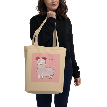 Astrology Tote Bag with Alpaca Zodiac Sign Aries Organic Cotton Birthday Gift