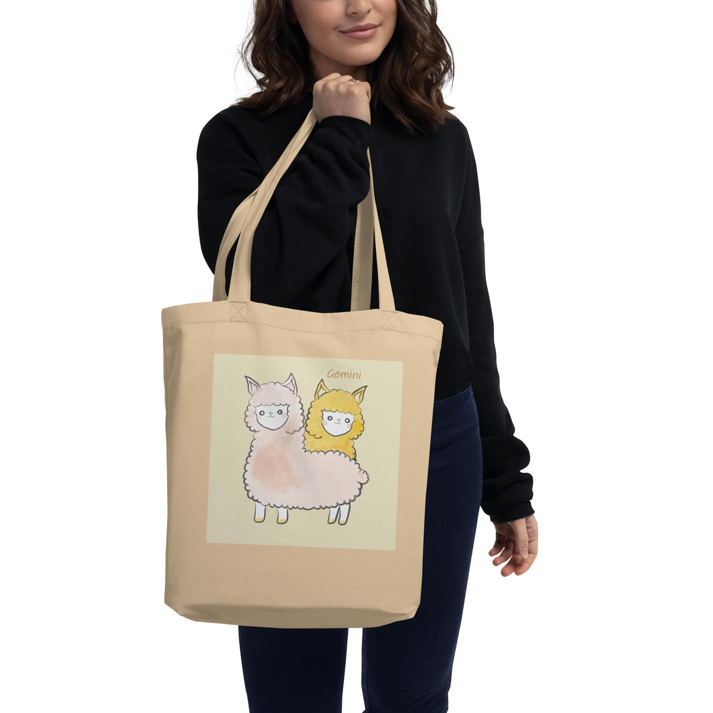 Astrology Tote Bag with Alpaca Zodiac Sign Gemini Organic Cotton Birthday Gift