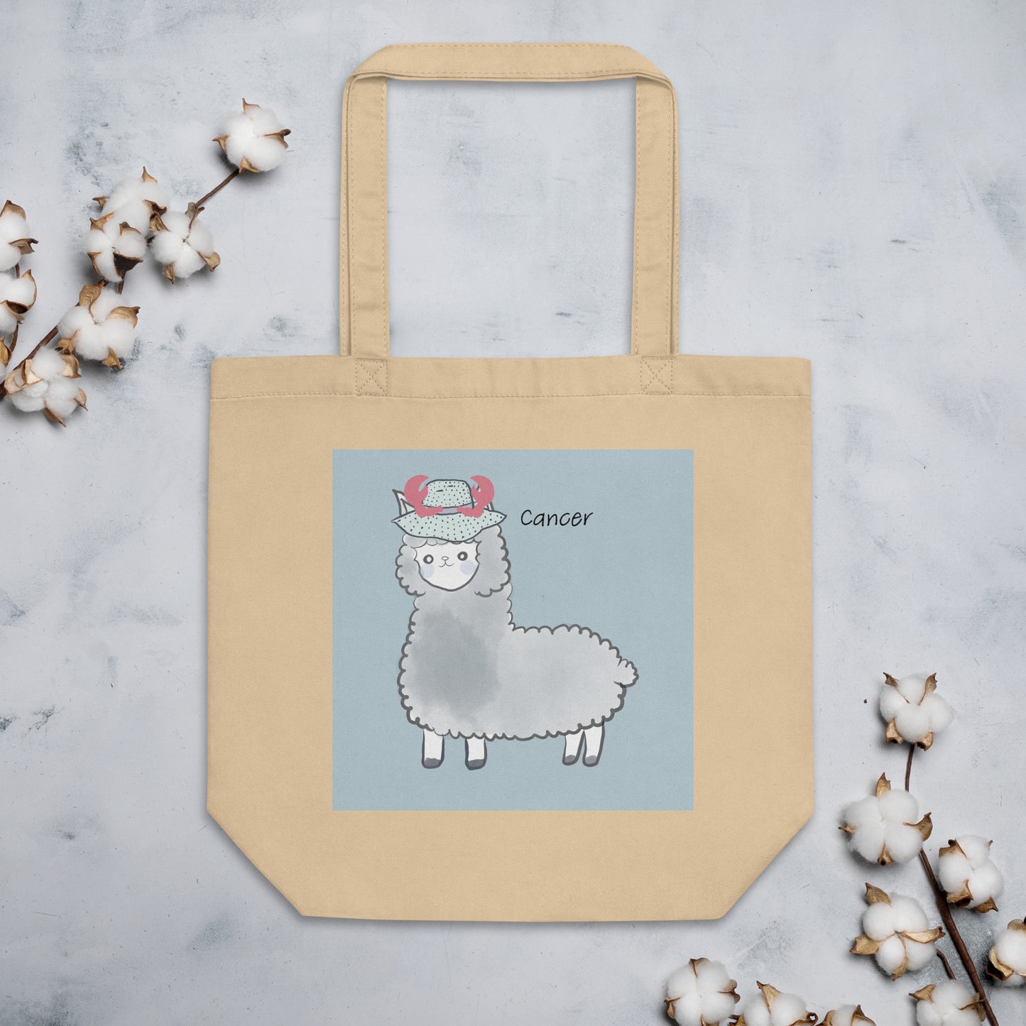 Astrology Tote Bag with Cute Alpaca Zodiac Sign Cancer Organic Cotton Birthday Gift