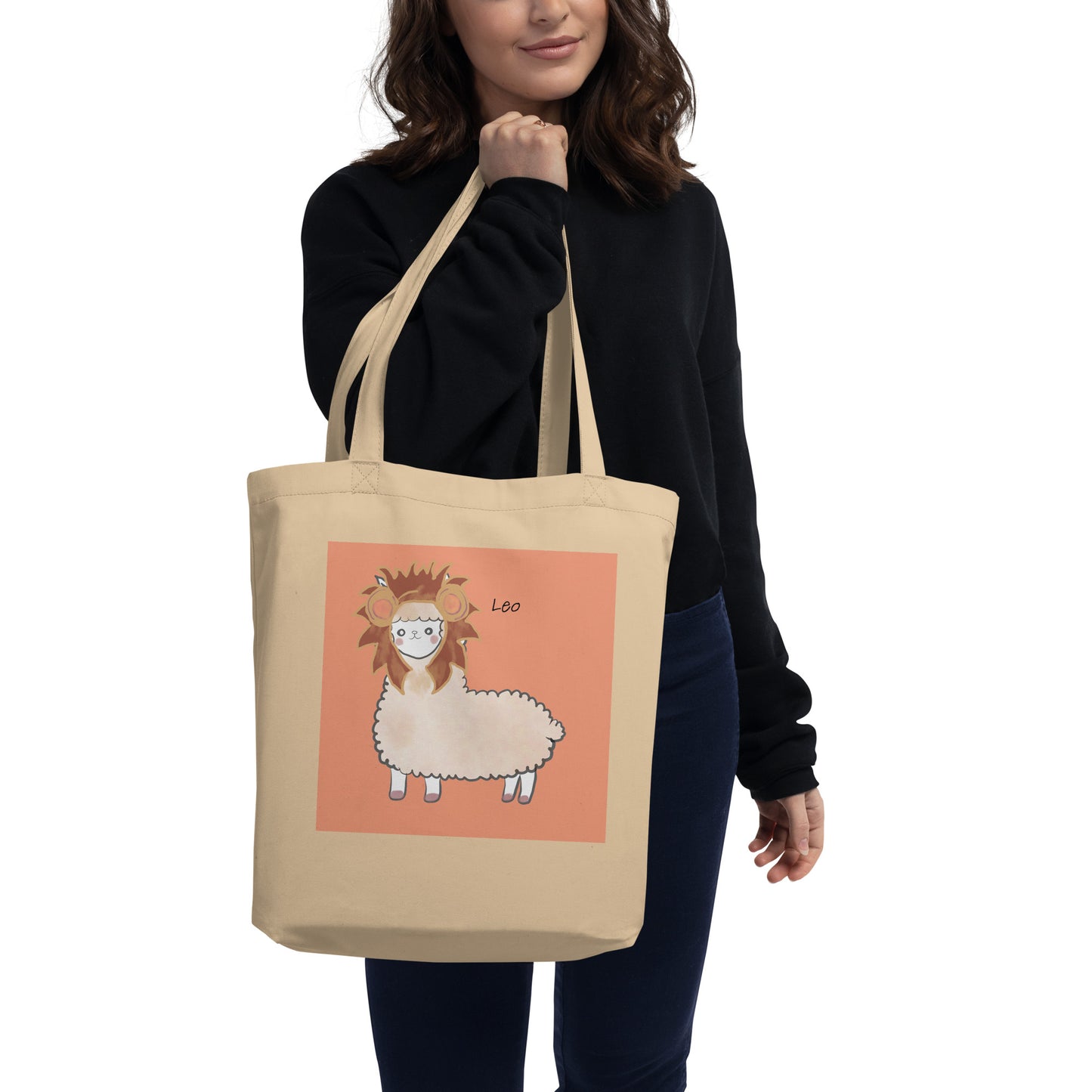 Astrology Tote Bag with Cute Alpaca Zodiac Sign Leo Organic Cotton Birthday Gift