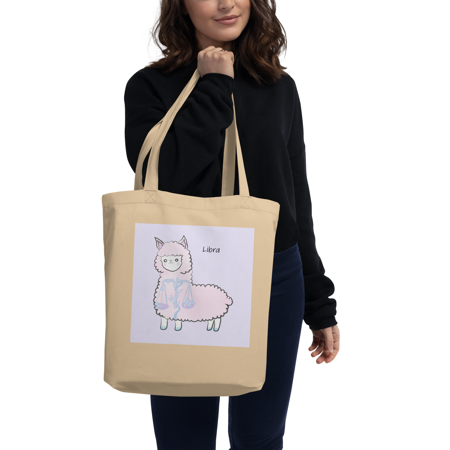 Astrology Tote Bag with Cute Alpaca Zodiac Sign Libra Organic Cotton Birthday Gift