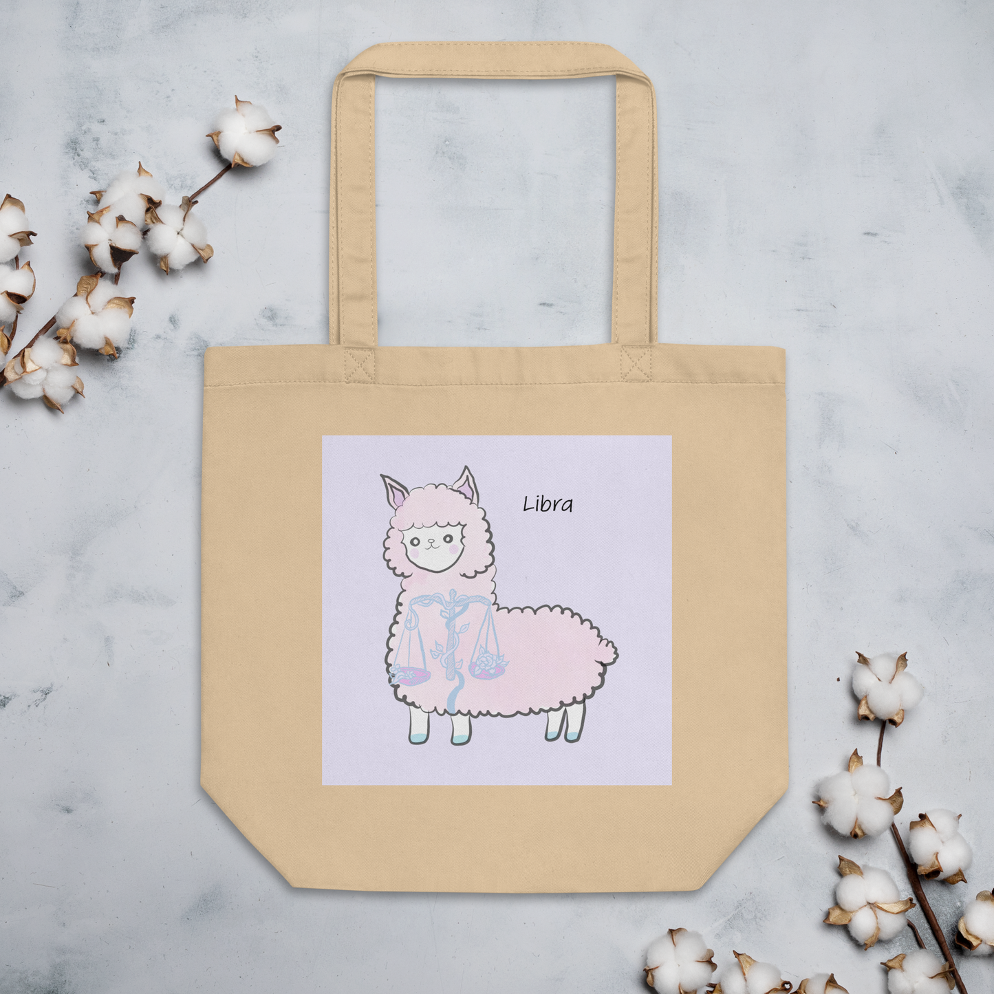 Astrology Tote Bag with Cute Alpaca Zodiac Sign Libra Organic Cotton Birthday Gift