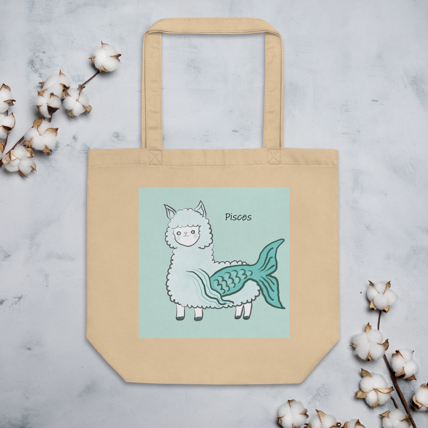 Astrology Tote Bag with Cute Alpaca Zodiac Sign Pisces Organic Cotton Birthday Gift