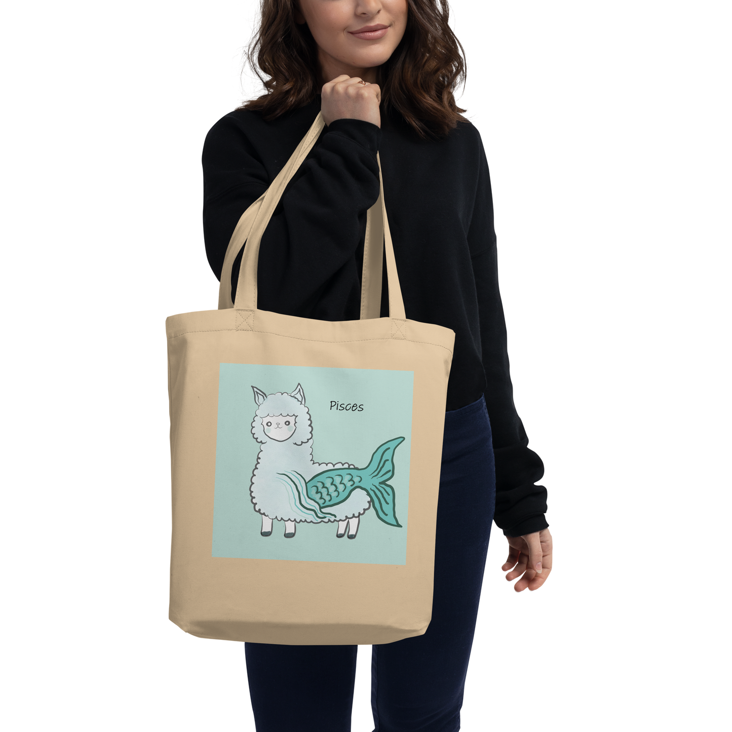 Astrology Tote Bag with Cute Alpaca Zodiac Sign Pisces Organic Cotton Birthday Gift