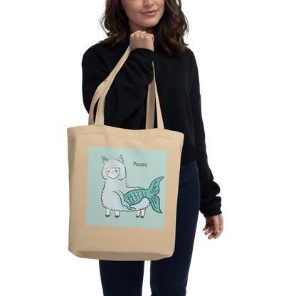 Astrology Tote Bag with Cute Alpaca Zodiac Sign Pisces Organic Cotton Birthday Gift