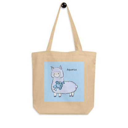 Astrology Tote Bag with Cute Alpaca Zodiac Sign Aquarius Organic Cotton Birthday Gift