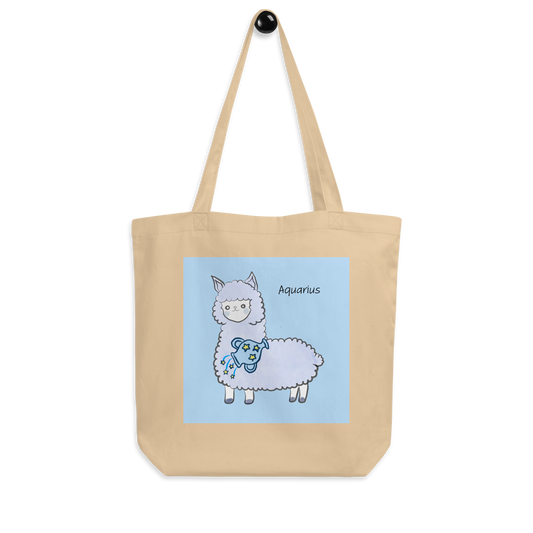 Astrology Tote Bag with Cute Alpaca Zodiac Sign Aquarius Organic Cotton Birthday Gift