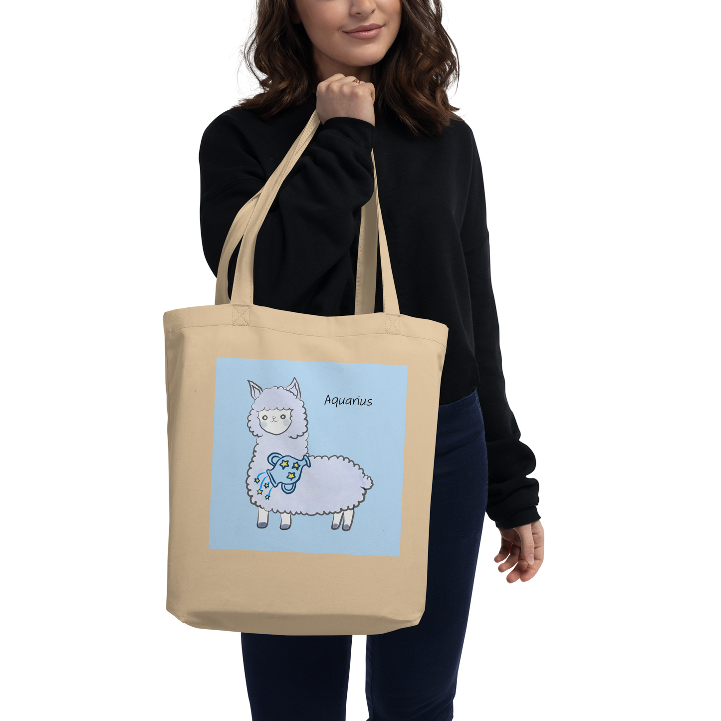 Astrology Tote Bag with Cute Alpaca Zodiac Sign Aquarius Organic Cotton Birthday Gift