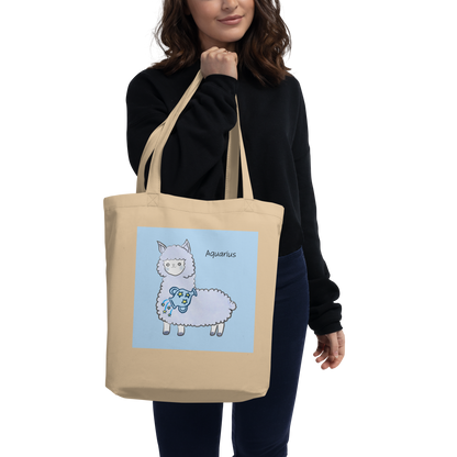 Astrology Tote Bag with Cute Alpaca Zodiac Sign Aquarius Organic Cotton Birthday Gift