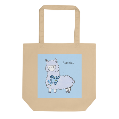 Astrology Tote Bag with Cute Alpaca Zodiac Sign Aquarius Organic Cotton Birthday Gift