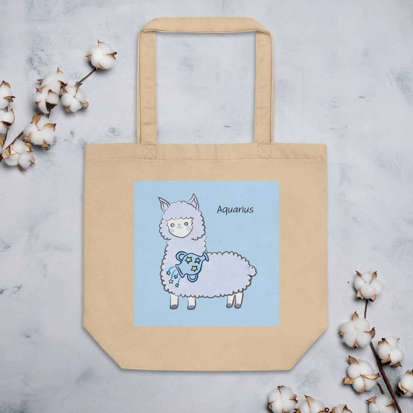 Astrology Tote Bag with Cute Alpaca Zodiac Sign Aquarius Organic Cotton Birthday Gift