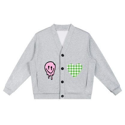Unisex Essential Heavyweight Sweat Cardigan with Art Prints Smiley Face Green Gingham Heart