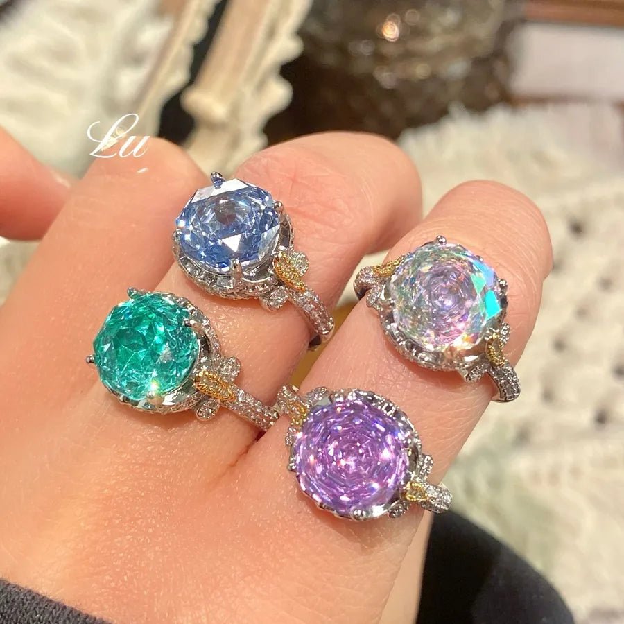 Elegant Octagonal Millennium Rose Cut Purple Sapphire Ring For Women With High Carbon Diamond Butterfly Inlay Tanzanite Band - Canvas & Charms