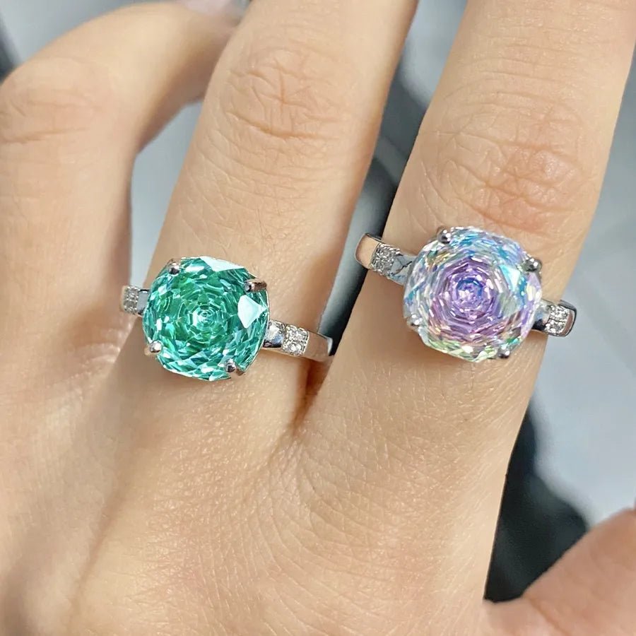 Elegant Rose Cut Paraiba Ring Geometric Pattern High Carbon Diamond Gradient Color Gemstone Ring For Women Retro Style - Canvas & Charms