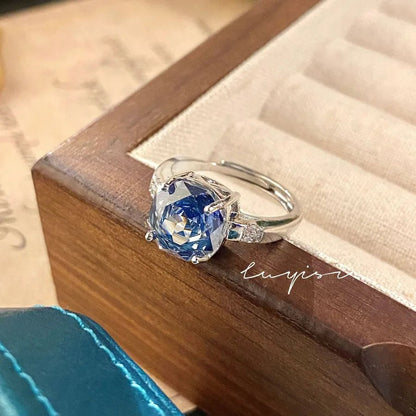 Elegant Rose Cut Paraiba Ring Geometric Pattern High Carbon Diamond Gradient Color Gemstone Ring For Women Retro Style - Canvas & Charms