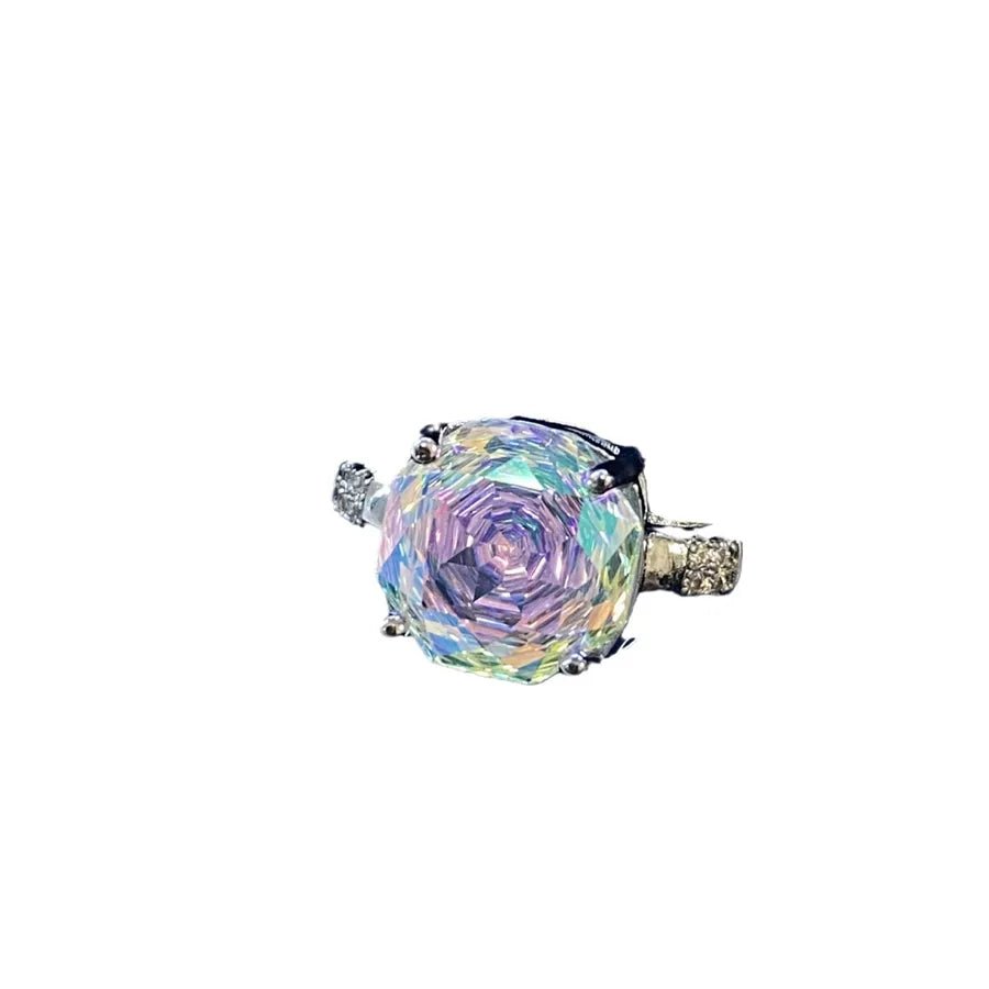 Elegant Rose Cut Paraiba Ring Geometric Pattern High Carbon Diamond Gradient Color Gemstone Ring For Women Retro Style - Canvas & Charms