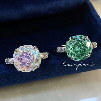 Elegant Rose Cut Paraiba Ring Geometric Pattern High Carbon Diamond Gradient Color Gemstone Ring For Women Retro Style - Canvas & Charms
