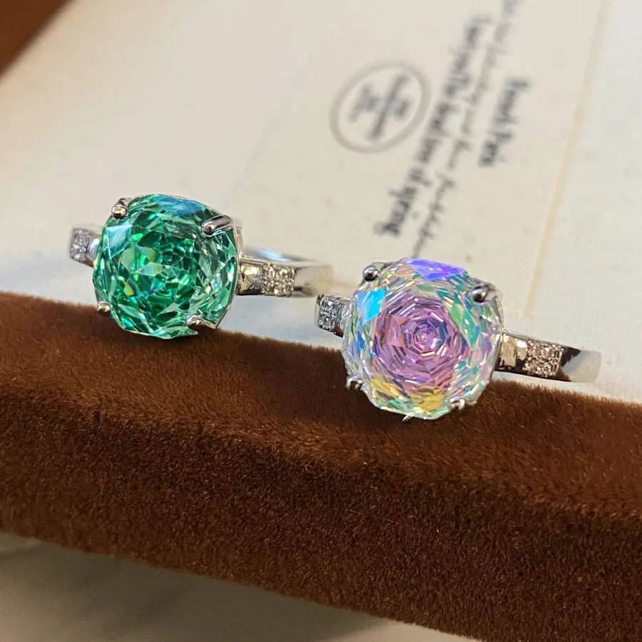 Elegant Rose Cut Paraiba Ring Geometric Pattern High Carbon Diamond Gradient Color Gemstone Ring For Women Retro Style - Canvas & Charms