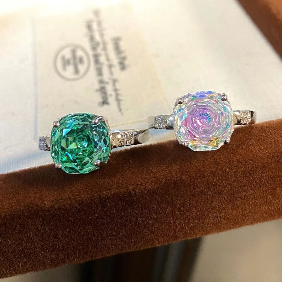 Elegant Rose Cut Paraiba Ring Geometric Pattern High Carbon Diamond Gradient Color Gemstone Ring For Women Retro Style - Canvas & Charms