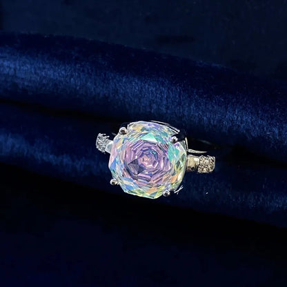 Elegant Rose Cut Paraiba Ring Geometric Pattern High Carbon Diamond Gradient Color Gemstone Ring For Women Retro Style - Canvas & Charms