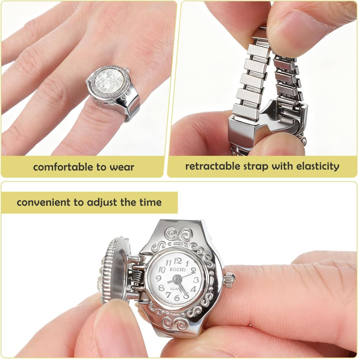 Elegant Watch Ring for Women Stylish Rose Designed Finger Quartz Watch Unique Locket Watch - Canvas & Charms