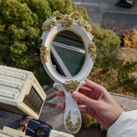 European Vintage Handheld Mirror Oval Shape Gold Finish For Photography Hotel Round Handle Makeup Mirror Baroque Style - Canvas & Charms