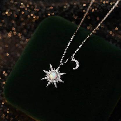 Opal Sun and Moon Dainty Pendant Necklace in 925 Sterling Silver