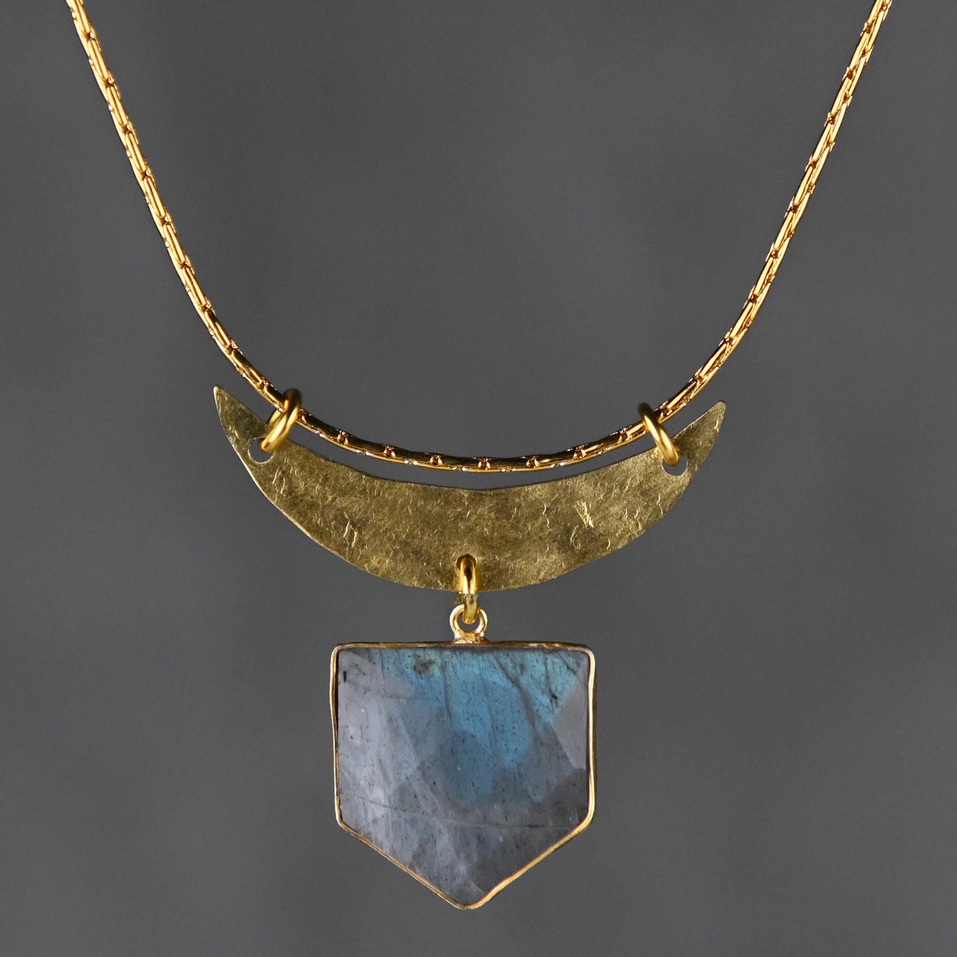 Moon & Semi Precious Shield Necklace Hammered Handmade Natural Gemstone