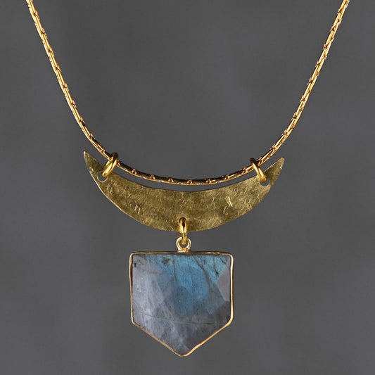 Moon & Semi Precious Shield Necklace Hammered Handmade Natural Gemstone