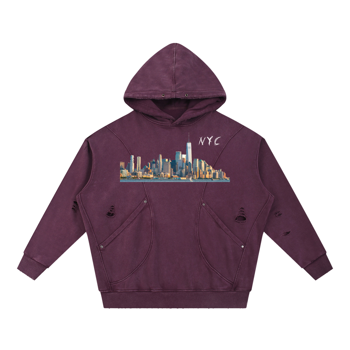 Unisex Snow Washed Distressed Panel Pocket Hoodie with NYC Skyline Print