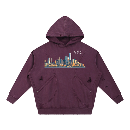 Unisex Snow Washed Distressed Panel Pocket Hoodie with NYC Skyline Print