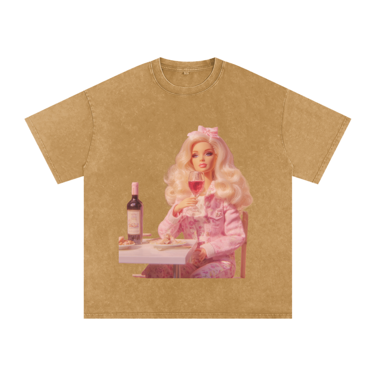 Funny Barbie with a Wine Glass Snow Washed Oversized Cotton T-Shirt