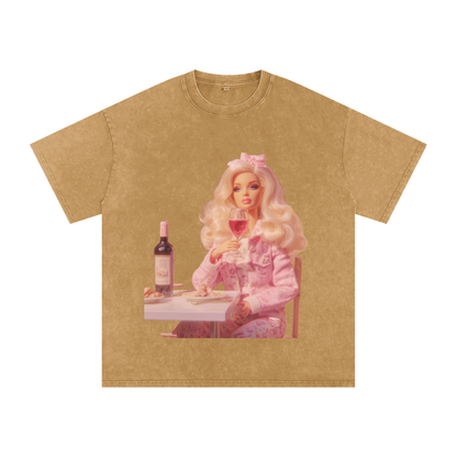 Funny Barbie with a Wine Glass Snow Washed Oversized Cotton T-Shirt