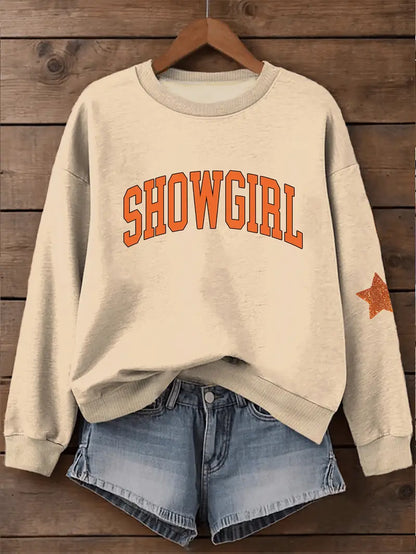Showgirl Sweatshirt for Women Crewneck Orange Lettering & Star Design Round Neck Casual Pullover with Orange Elements for Music Events