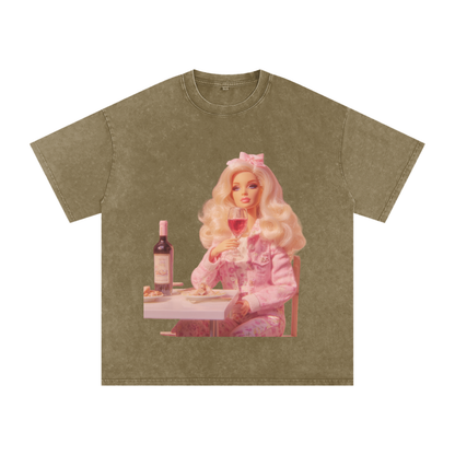 Funny Barbie with a Wine Glass Snow Washed Oversized Cotton T-Shirt