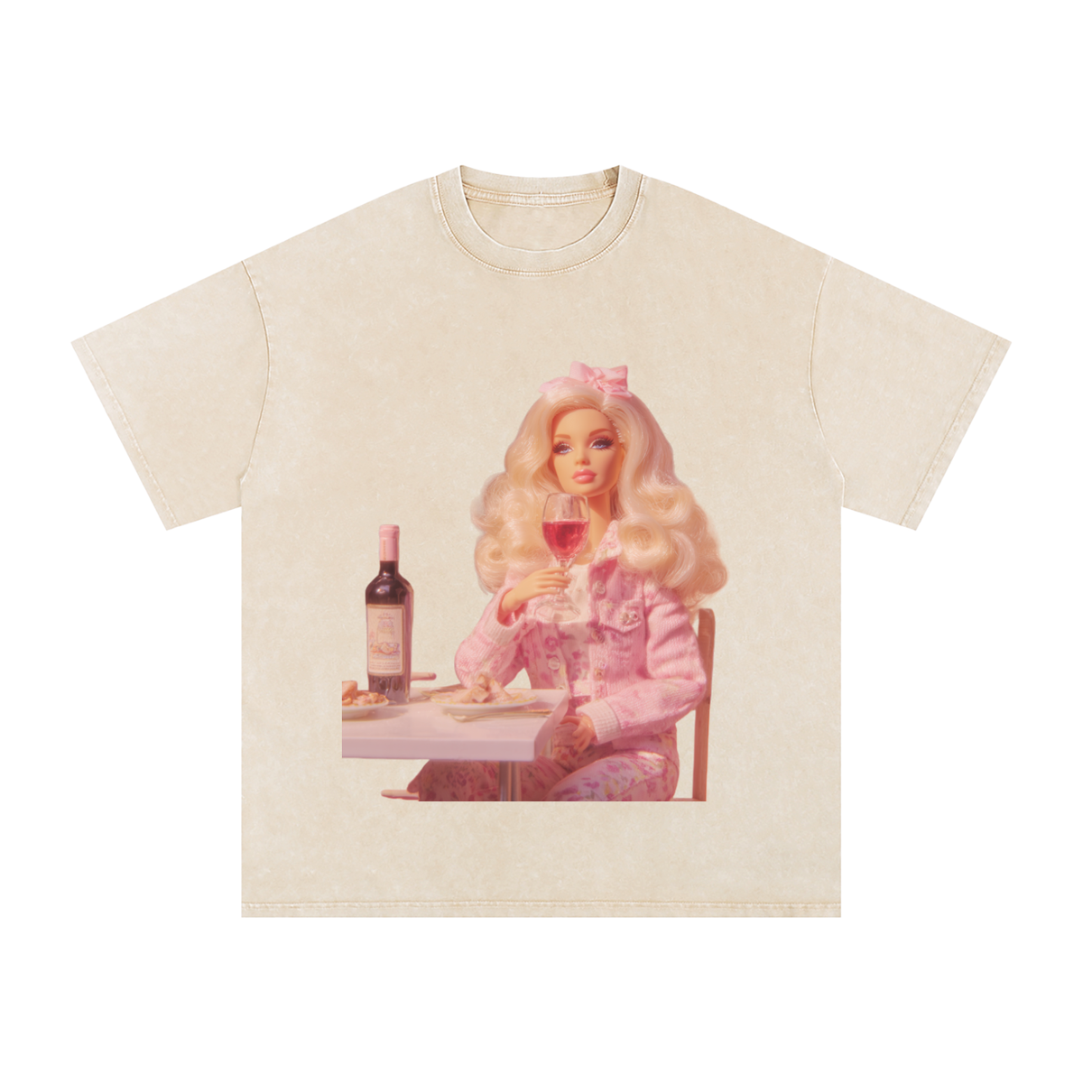 Funny Barbie with a Wine Glass Snow Washed Oversized Cotton T-Shirt