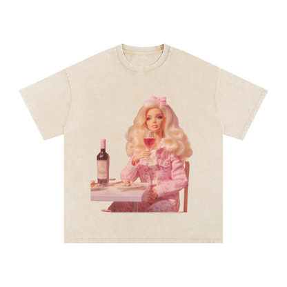 Funny Barbie with a Wine Glass Snow Washed Oversized Cotton T-Shirt