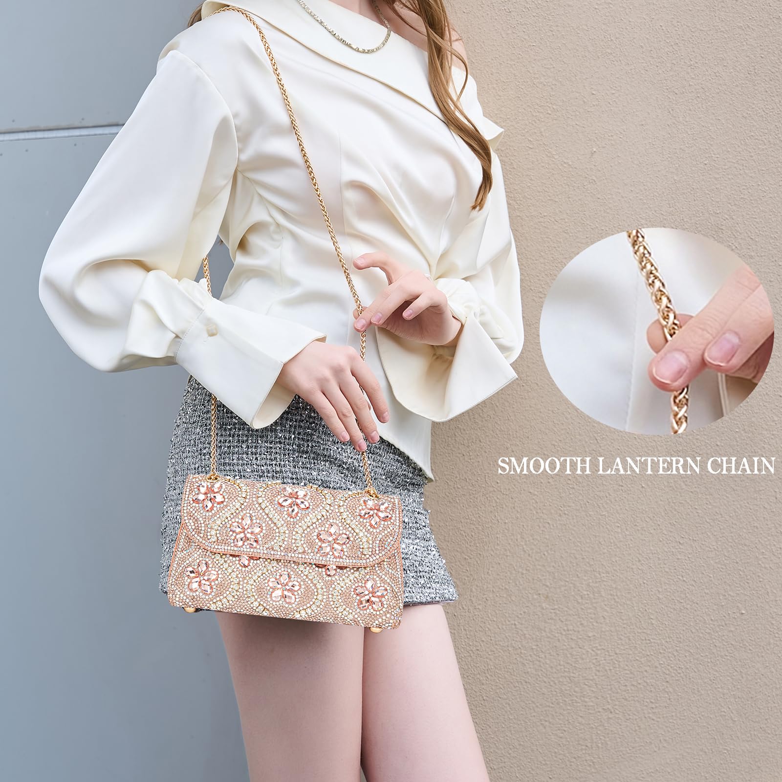 Flower Evening Handbags Chain Strap Square Shoulder Bag Crossbody Bag Crystals Rhinestone Clutch Purse - Canvas & Charms