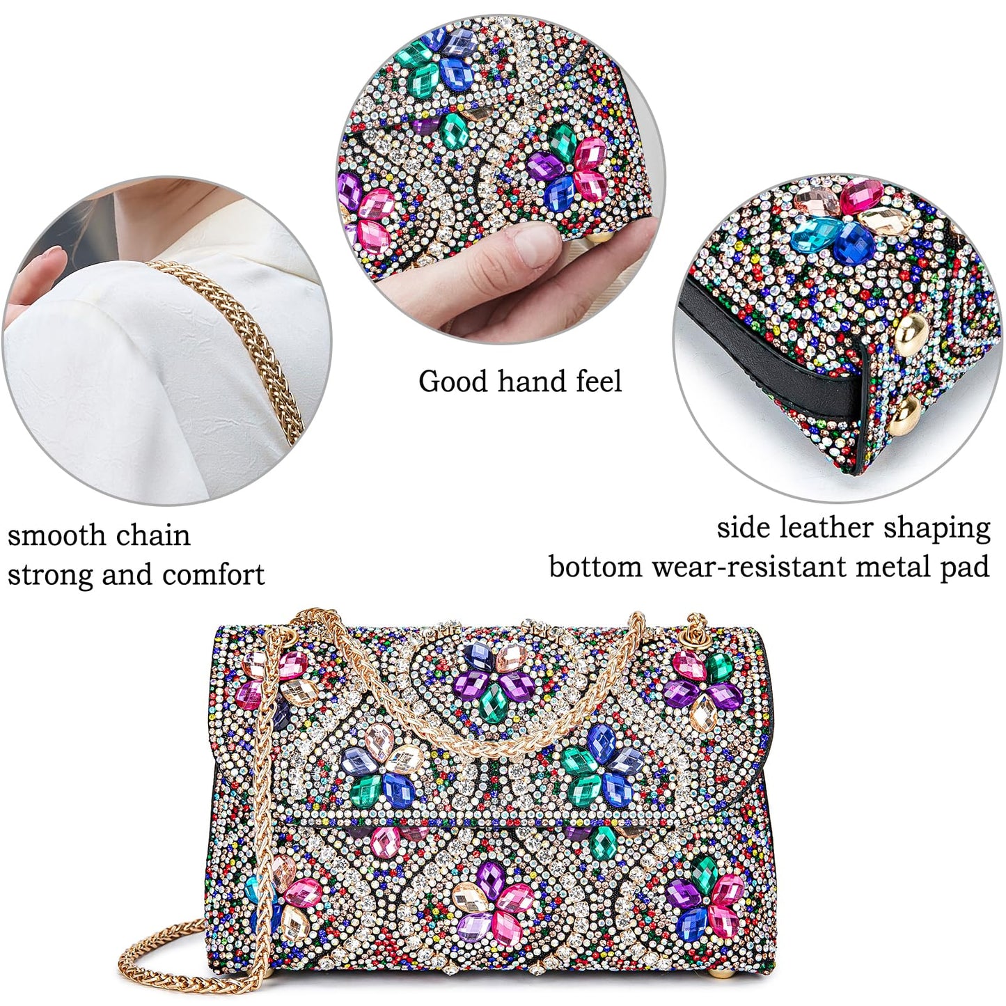 Flower Evening Handbags Chain Strap Square Shoulder Bag Crossbody Bag Crystals Rhinestone Clutch Purse - Canvas & Charms