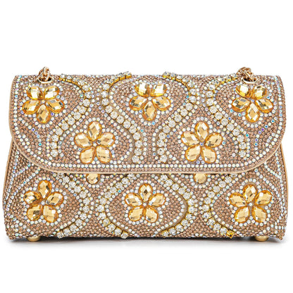 Flower Evening Handbags Chain Strap Square Shoulder Bag Crossbody Bag Crystals Rhinestone Clutch Purse - Canvas & Charms