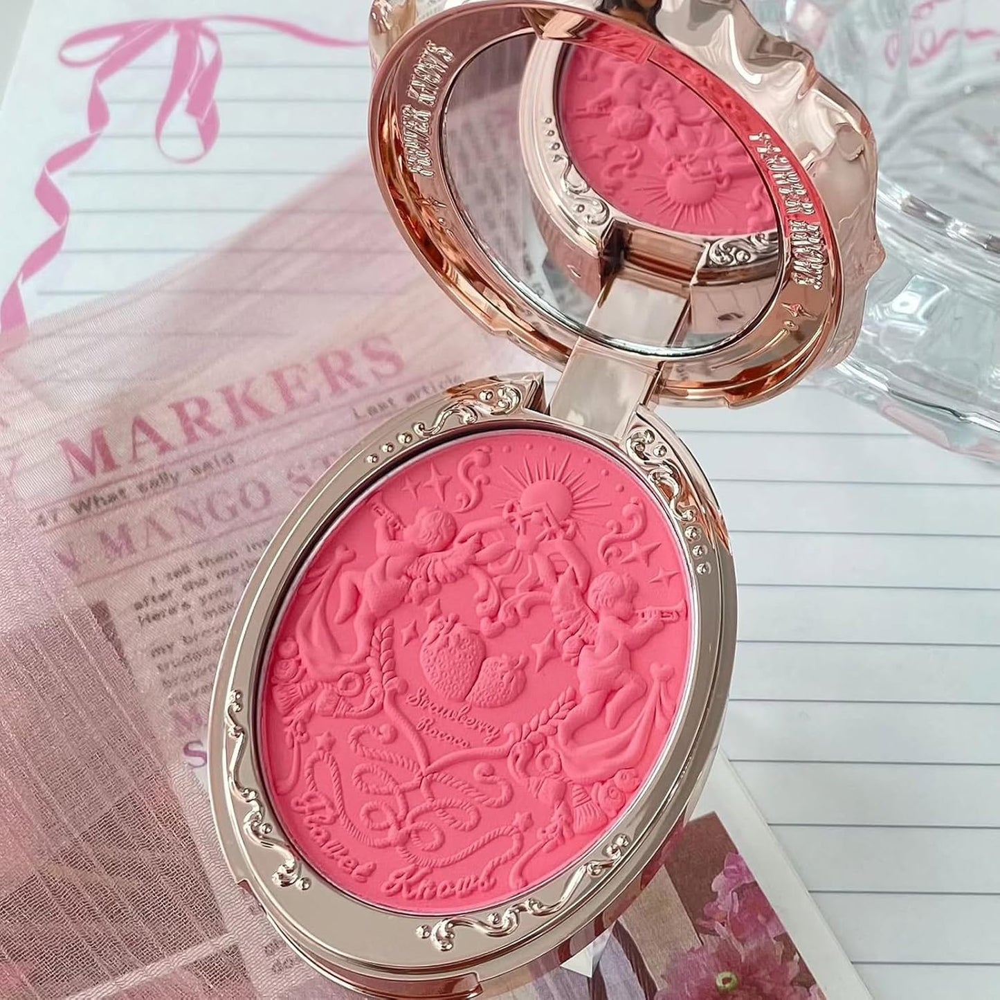 Flower Knows Strawberry Rococo Embossed Blush,Bright Pink Matte Powder Blush for Cheeks,Buildable & Blendable Face Makeup,Soft Long - Lasting Cute Make Up for Women & Girls,0.16 Oz(G01 Romantic Blossom) - Canvas & Charms