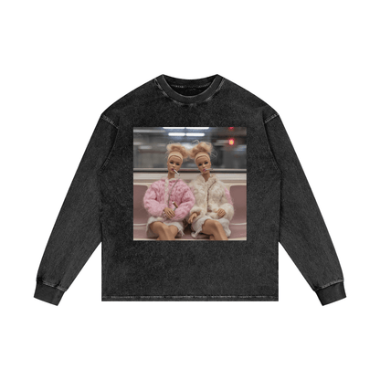 Funny Barbie Dolls on a Subway Acid Wash Oversize Long Sleeve T-Shirt - Canvas & Charms