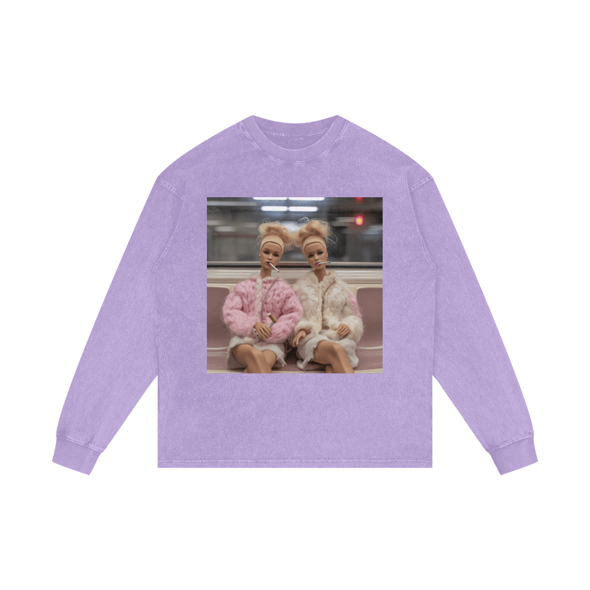 Funny Barbie Dolls on a Subway Acid Wash Oversize Long Sleeve T-Shirt - Canvas & Charms