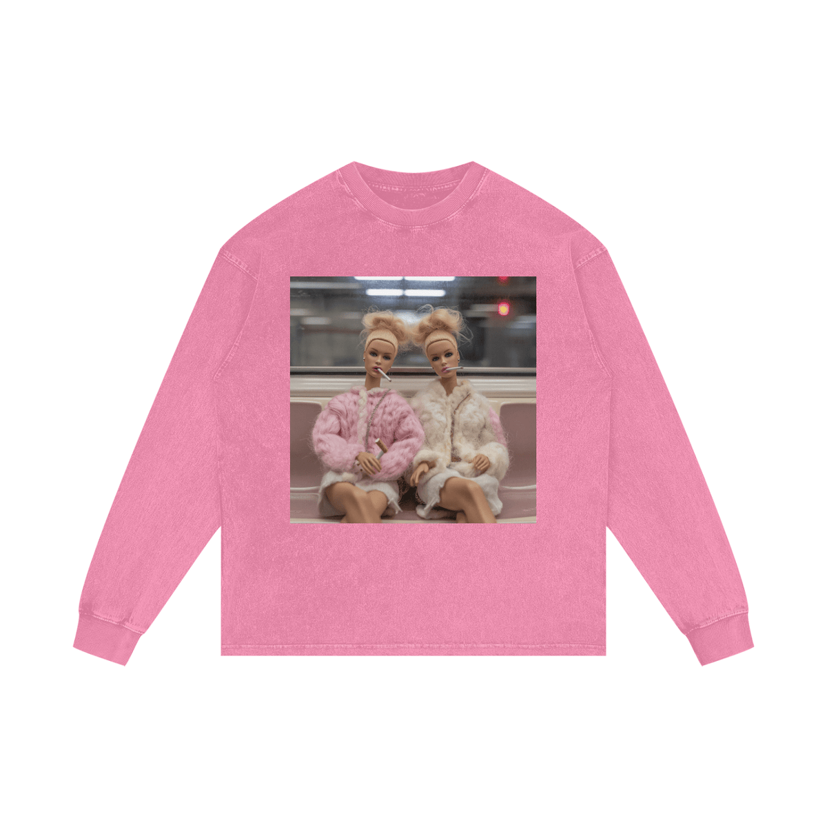 Funny Barbie Dolls on a Subway Acid Wash Oversize Long Sleeve T-Shirt - Canvas & Charms